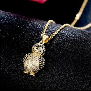 Yellow Gold Plated Penguin Pendant Aaa Pave Cz Stones Necklace